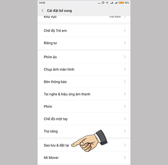  Vào sao lưu và đặt lại